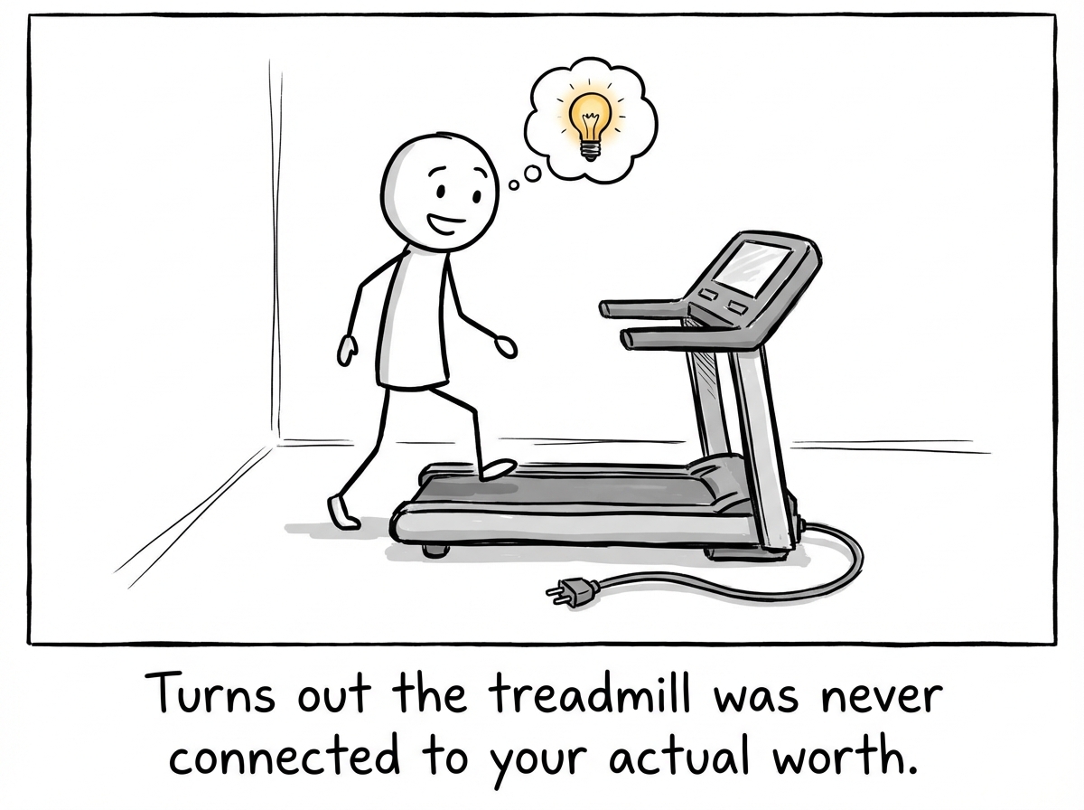 The stick figure has stepped off the treadmill and walked around to the back, where they discover the power cord is not plugged into anything -- it just dangles against the wall. The figure stares at the loose plug with wide eyes. The treadmill display reads 'YOUR WORTH' and is completely dark.