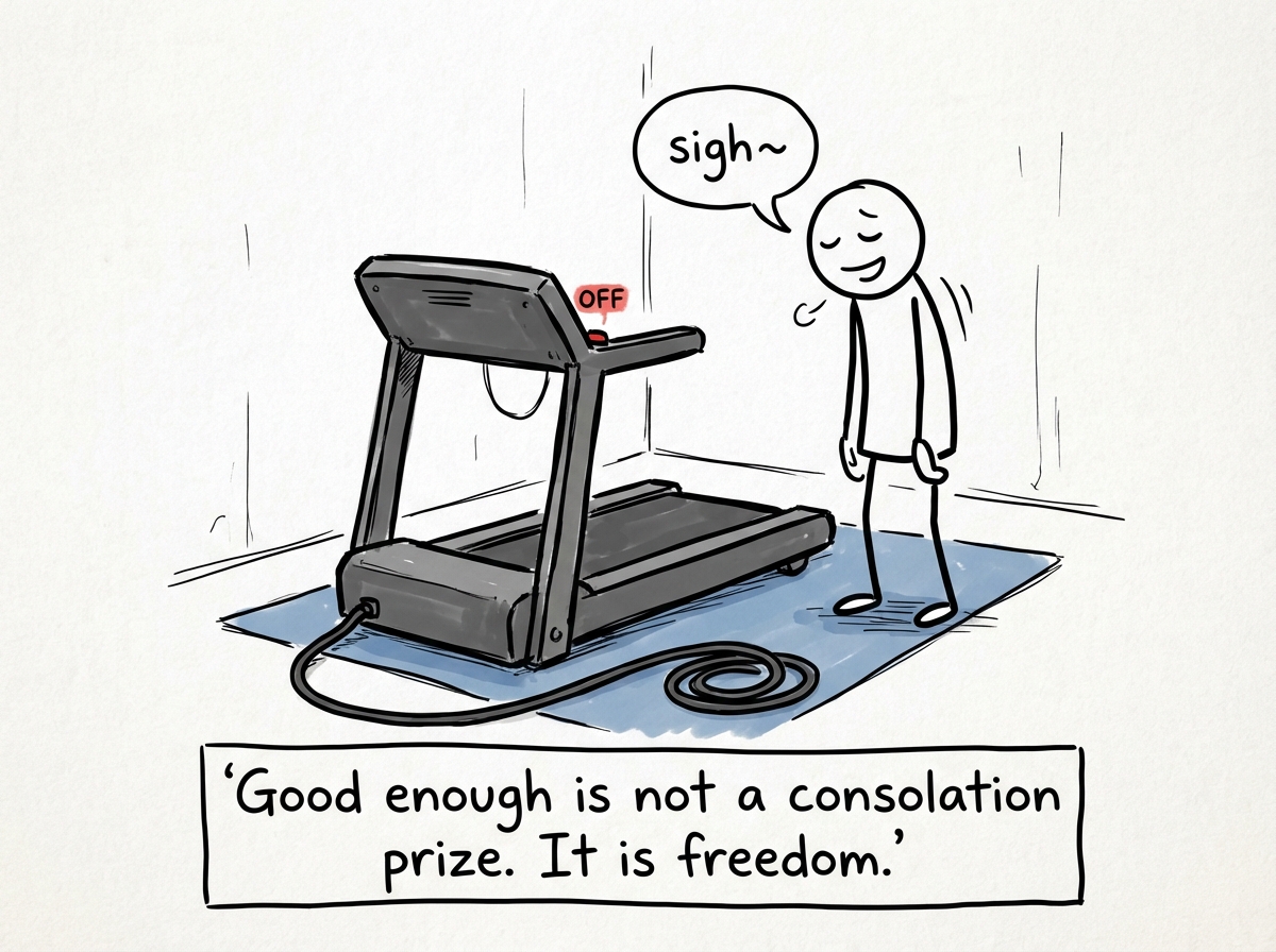 A stick figure stepping off the treadmill and standing on solid ground, looking at their own feet with a calm expression. A sign on the ground reads 'You are here. That is enough.'