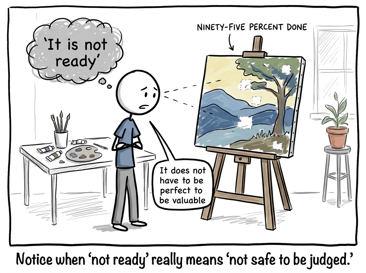 A stick figure staring at a ninety-five percent done painting, hearing the inner voice say 'It is not ready' and responding 'It does not have to be perfect to be valuable'