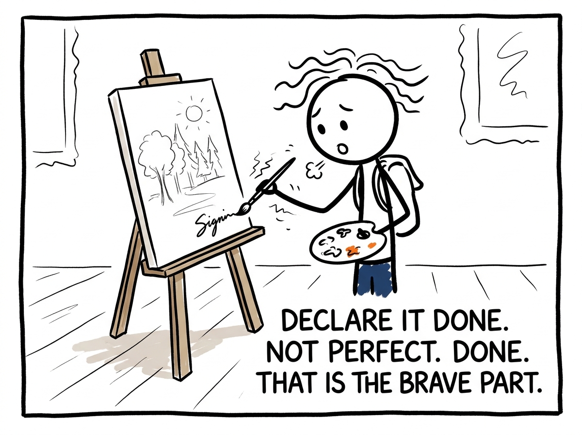 The stick figure taking a deep breath and signing the painting as complete, hands shaking slightly