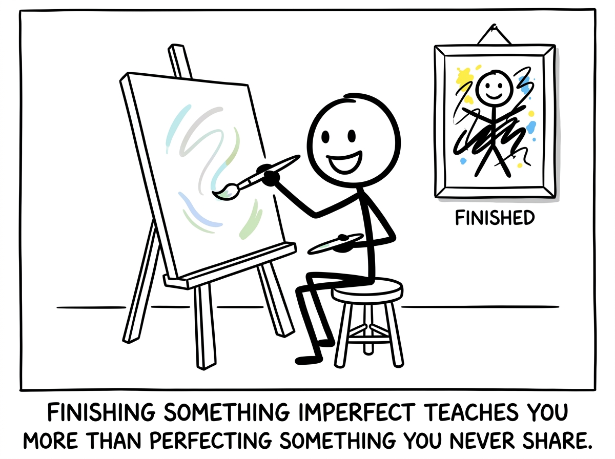 The stick figure starting a new painting with lighter strokes, enjoying the process, a finished piece hanging proudly on the wall behind them