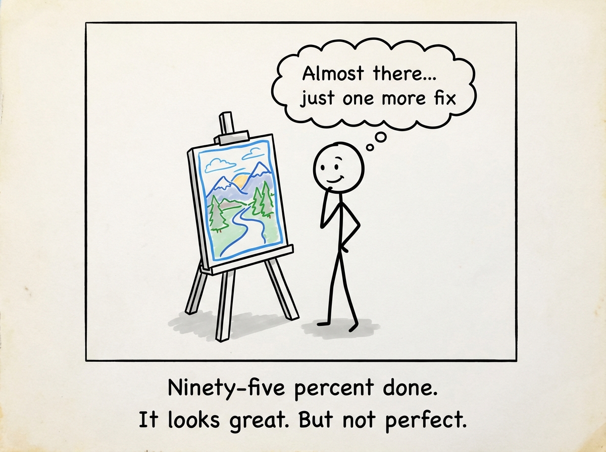 A stick figure proudly looking at a nearly complete painting on an easel. It looks great. A thought bubble says 'Almost there... just one more fix'