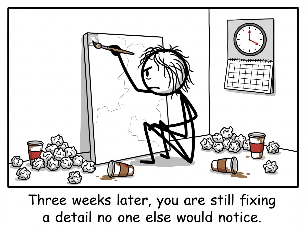 The stick figure obsessively reworking one tiny corner of the painting, surrounded by crumpled paper and empty coffee cups. A clock on the wall shows weeks have passed