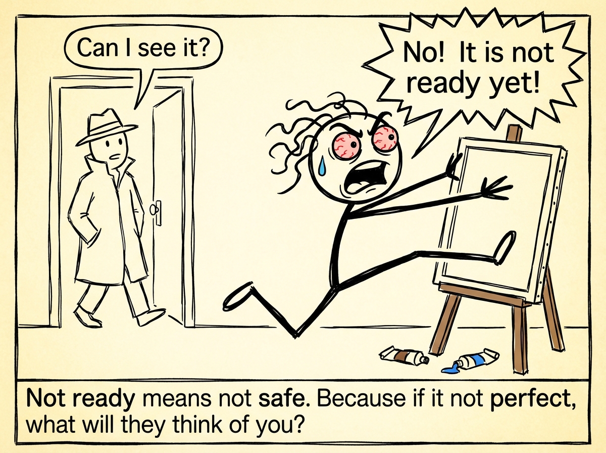 Someone walks in and says 'Can I see it?' The stick figure leaps in front of the painting, arms spread wide, shouting 'No! It is not ready yet!' with a panicked expression