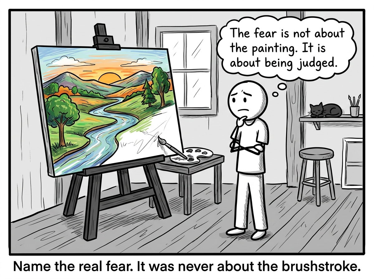 A stick figure looking at the ninety-five percent done painting and recognizing: 'The fear is not about the painting. It is about being judged.'