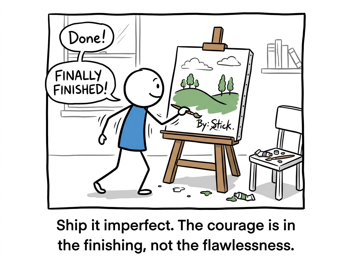 The stick figure signing the painting and declaring it done, hands slightly shaky, stepping back from the easel
