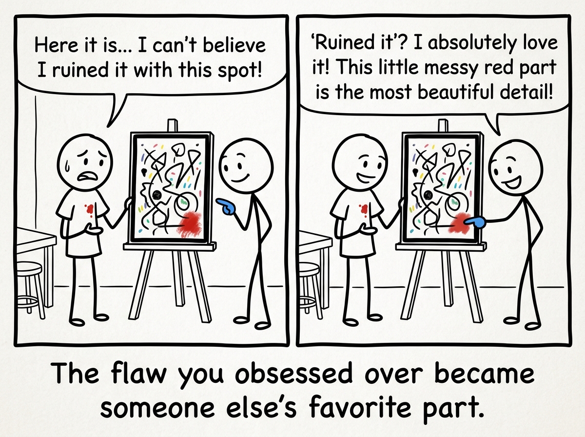 The stick figure showing the painting to someone who says 'This is beautiful' while pointing at the part the artist agonized over