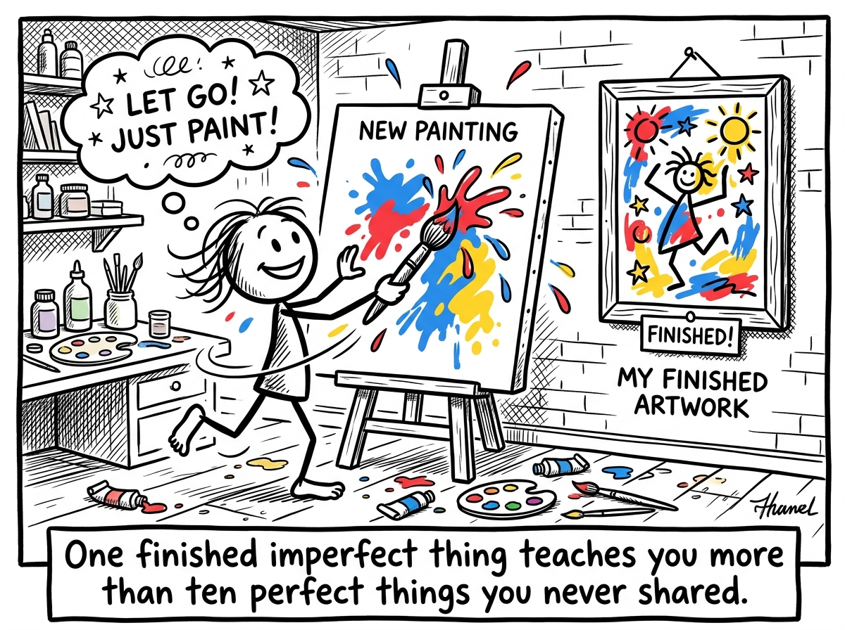 The stick figure starting a new painting freely, the finished one hanging on the wall, a visible shift from perfectionism to creation