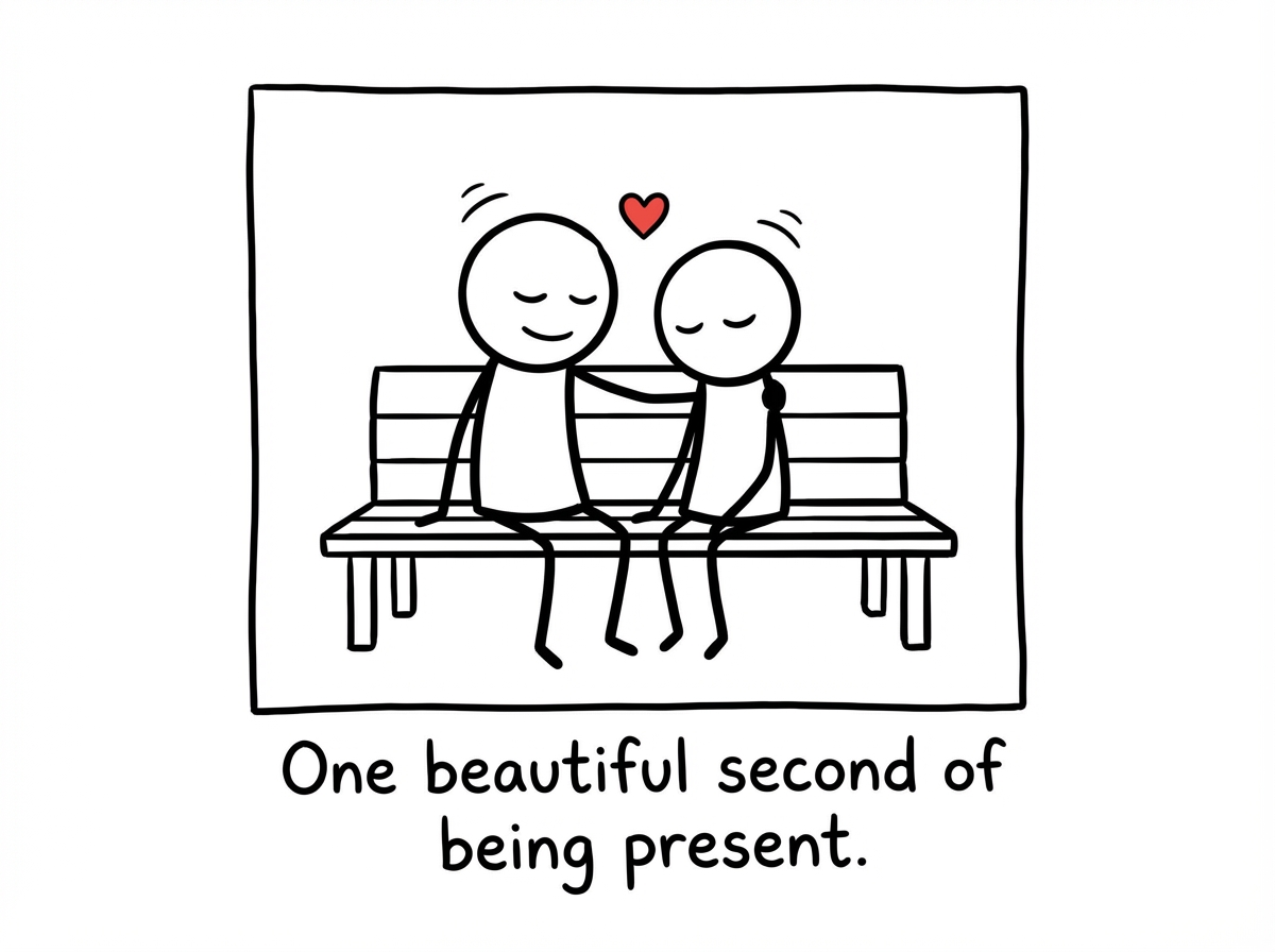 A stick figure lying close to another stick figure in an intimate moment, both relaxed, the first figure's eyes soft and present, a brief moment of genuine connection shown by small warmth lines between them