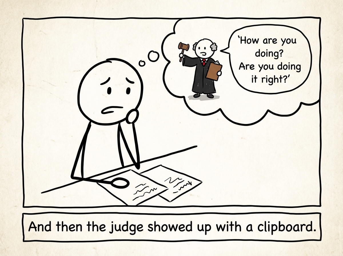 A tiny stick figure judge appearing inside the first figure's head, visible through a cutaway of the skull, sitting at a desk with a clipboard and a stack of score cards, holding up a card reading '6.2' while speaking into a microphone saying 'How are you doing? Are you doing it right? They look bored. Try harder.'