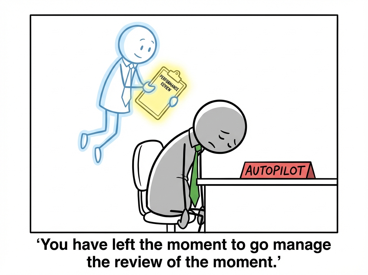 The stick figure now floating above their own body like a ghost, watching themselves from the ceiling with a worried expression, their body still present but empty and mechanical, the partner reaching toward the body and sensing something is missing, a thought bubble from the floating figure reading 'Monitoring from up here where it is safe'