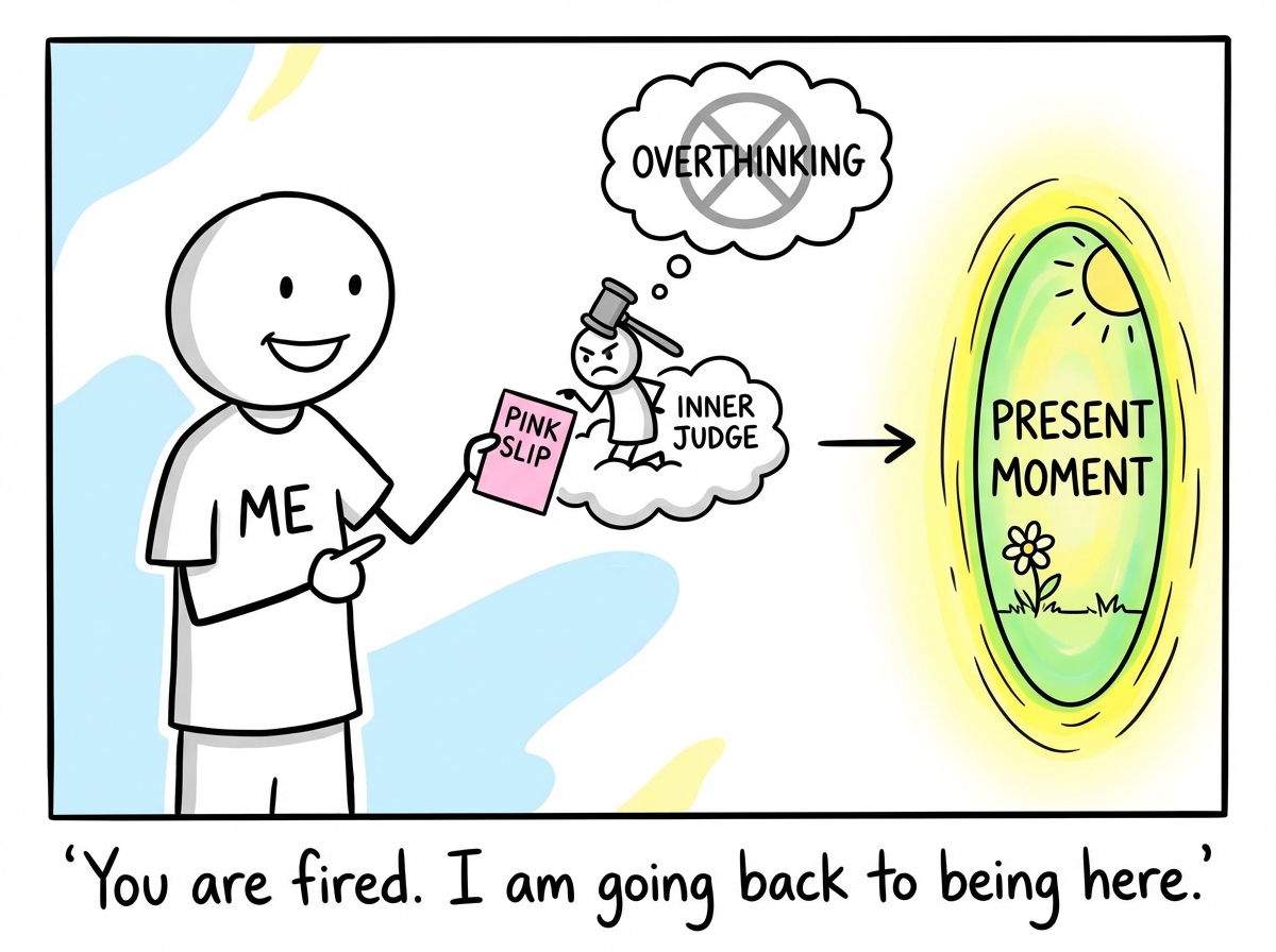 The stick figure back inside their body, reaching into their own head and physically lifting the tiny judge out, the judge still clutching the clipboard and protesting, the figure setting the judge down outside the scene and turning back to their partner with a deep breath, warmth lines returning