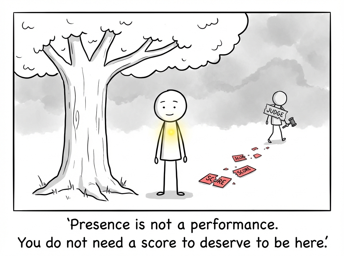 The stick figure sitting calmly with the tiny judge placed on a shelf in the background looking annoyed, the figure's hands on their own chest feeling their heartbeat, eyes closed, a thought bubble reading 'I do not need to be impressive -- I need to be here'