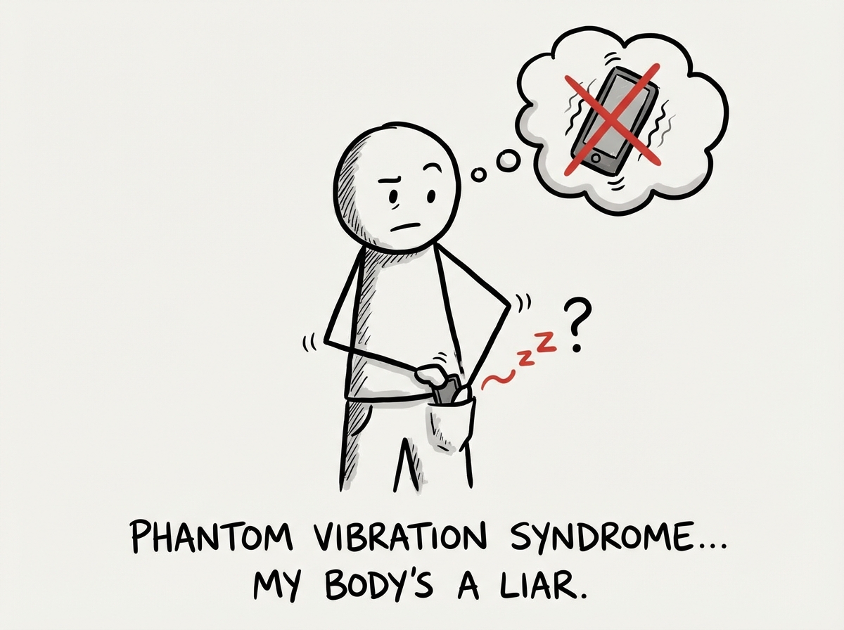 A stick figure reaching into their pocket on reflex, pausing mid-grab, realizing there was no vibration -- their body invented it
