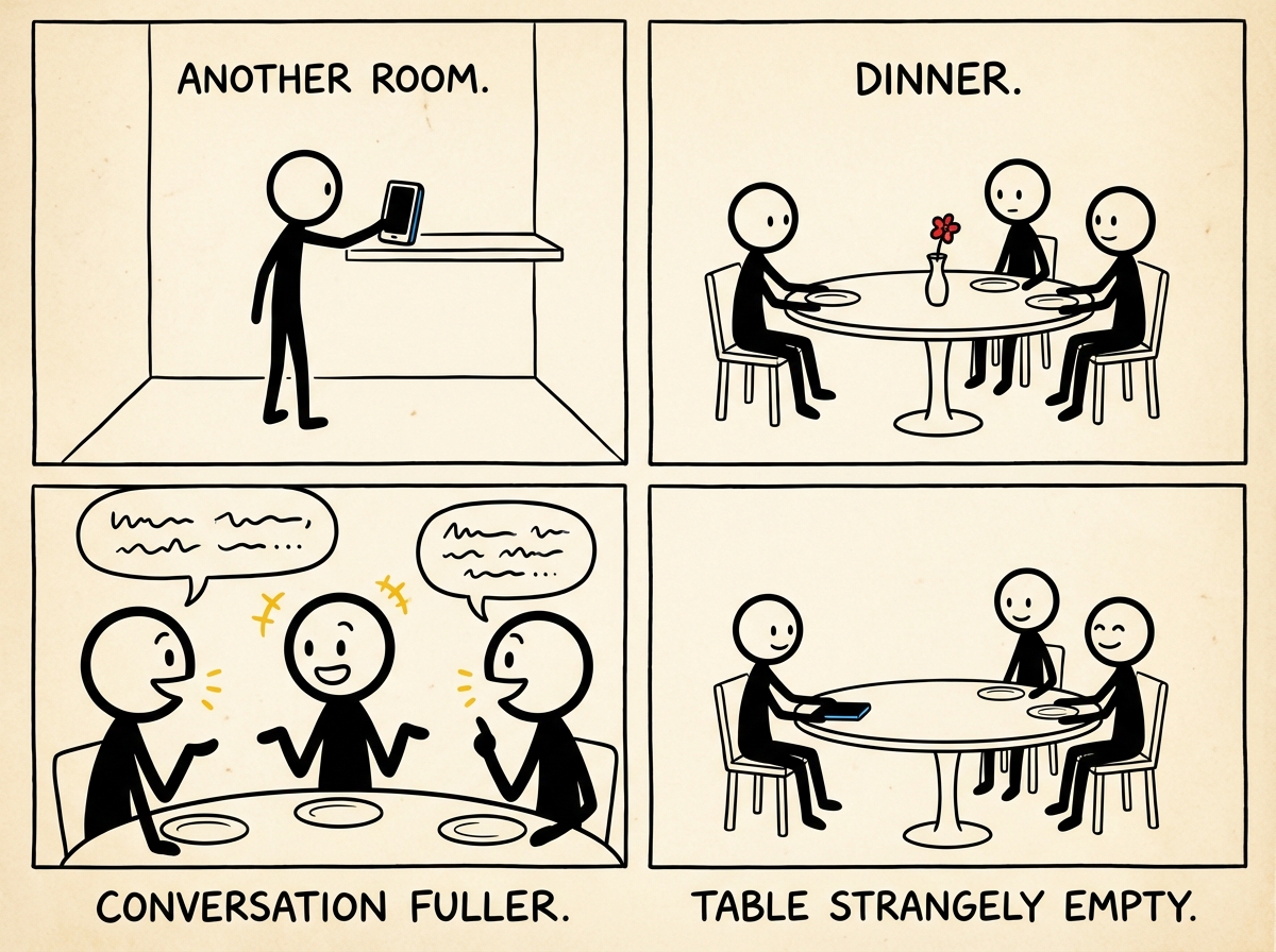The stick figure placing the phone in another room before sitting down for dinner, the table feeling strangely empty but the conversation fuller