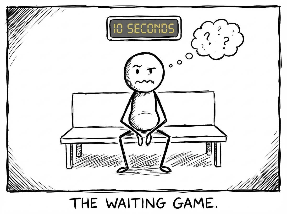 The stick figure sitting with ten seconds of boredom, hands empty, face uncomfortable but curious, not rushing to fill the silence