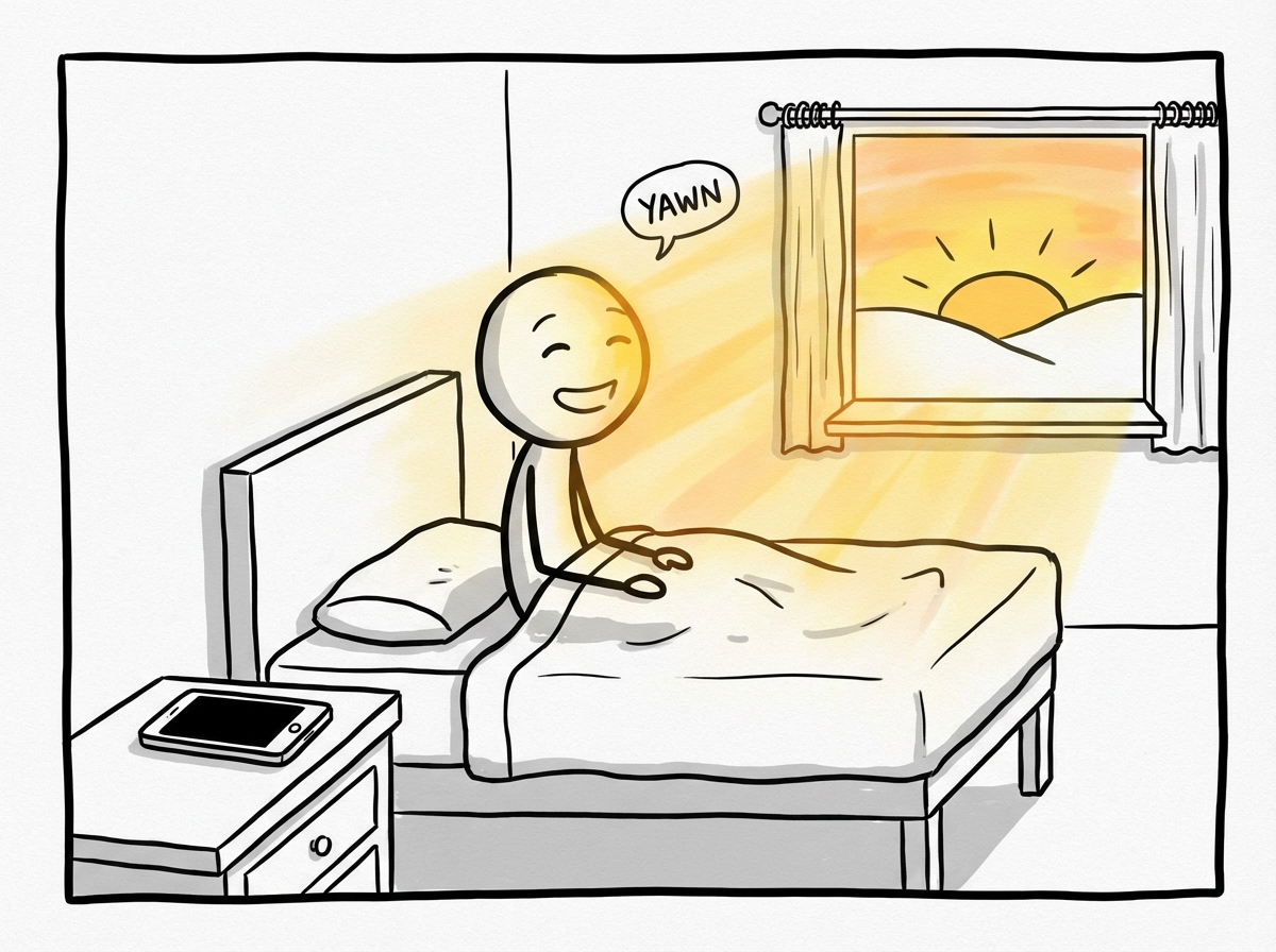 The stick figure waking up and looking out a window instead of at a screen, the morning light on their face, phone still on the nightstand untouched