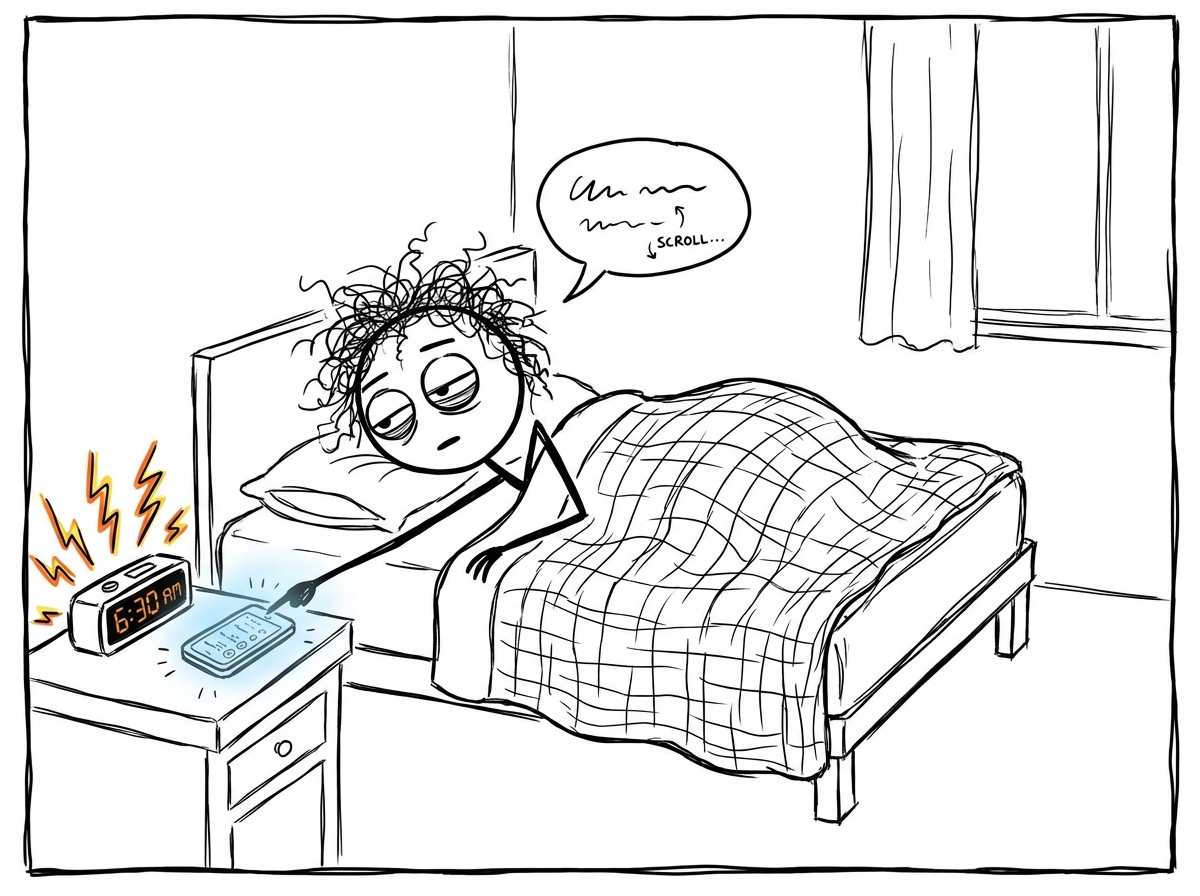 A stick figure in bed with an alarm ringing, eyes barely open, hand already reaching for a glowing phone on the nightstand -- scrolling before their feet hit the floor