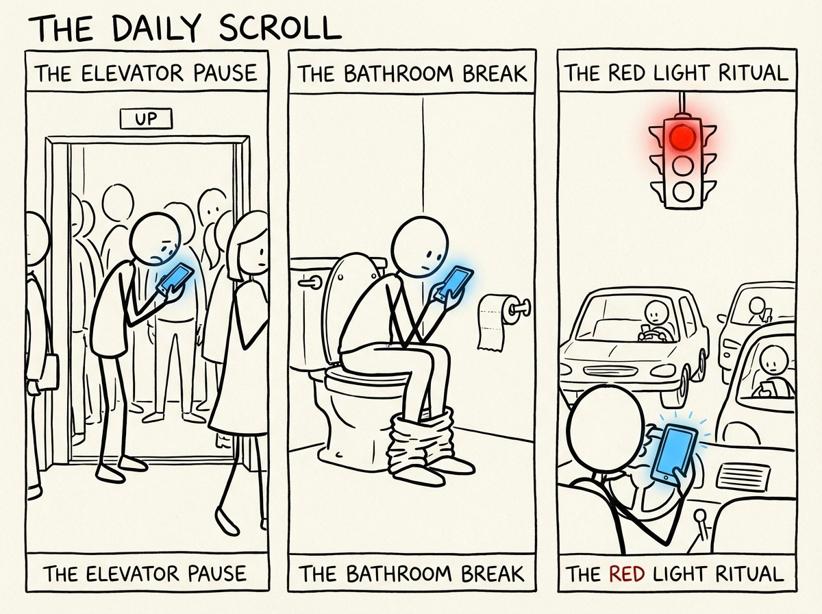 Three scenes throughout the day: the stick figure scrolling in an elevator, scrolling on the toilet, and scrolling at a red light -- every pause filled with phone