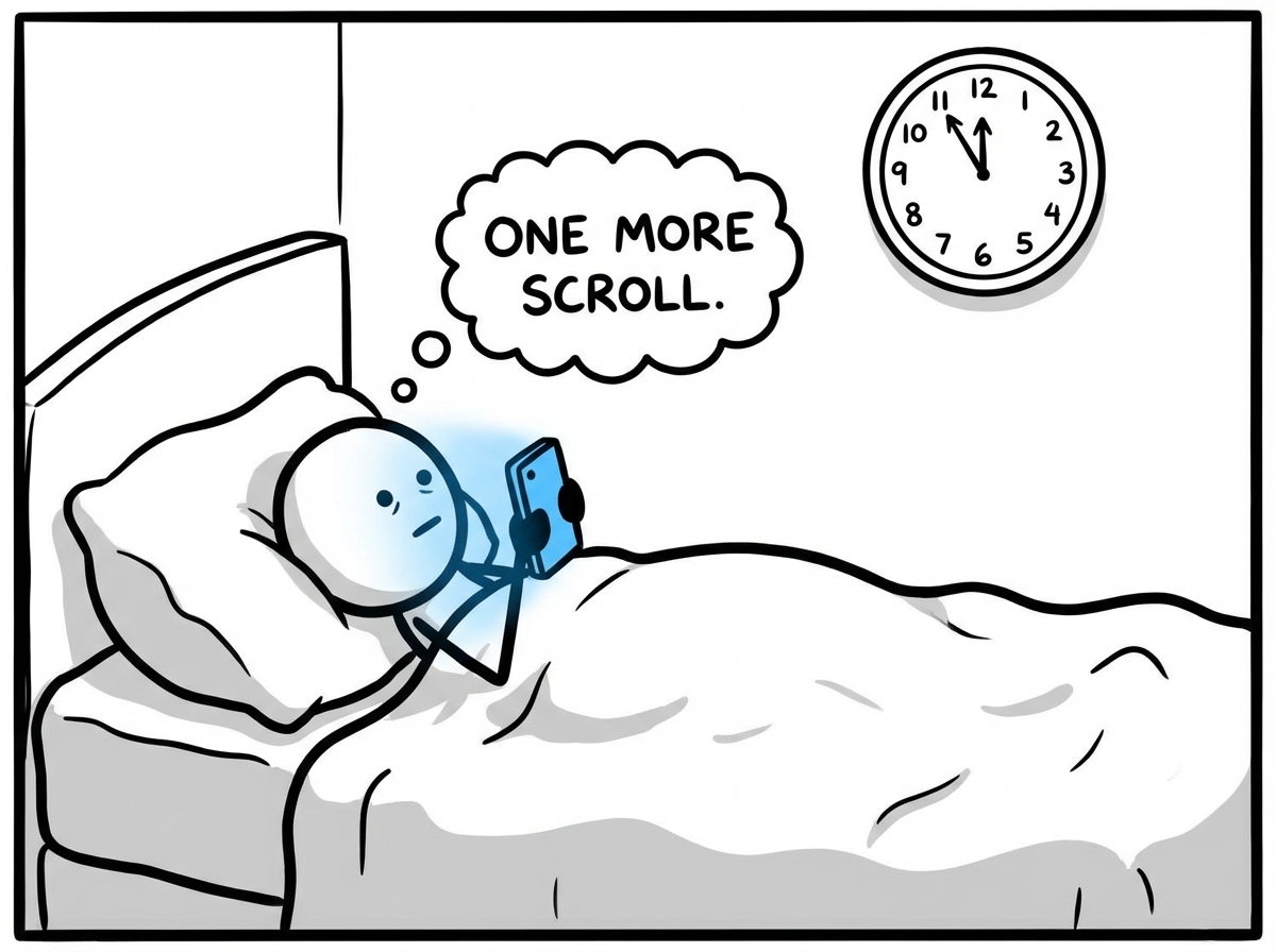 The stick figure in bed at night, blue light glowing on their face, a thought bubble saying 'One more scroll' while a clock on the wall shows an hour has passed