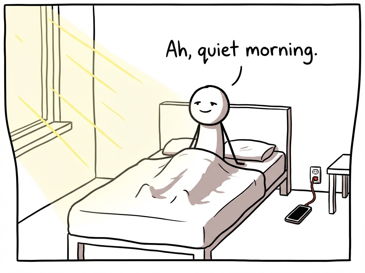 The stick figure waking up to a quiet room with the phone across the room on a charger, sunlight coming through the window, a peaceful expression as they sit up slowly