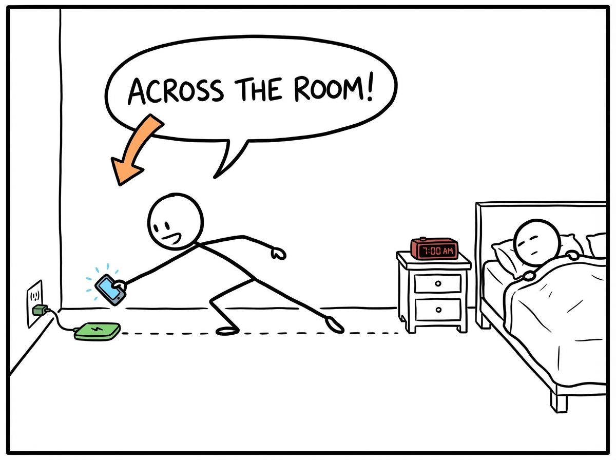 A stick figure placing their phone on a charger across the room before getting into bed, with a small alarm clock on the nightstand