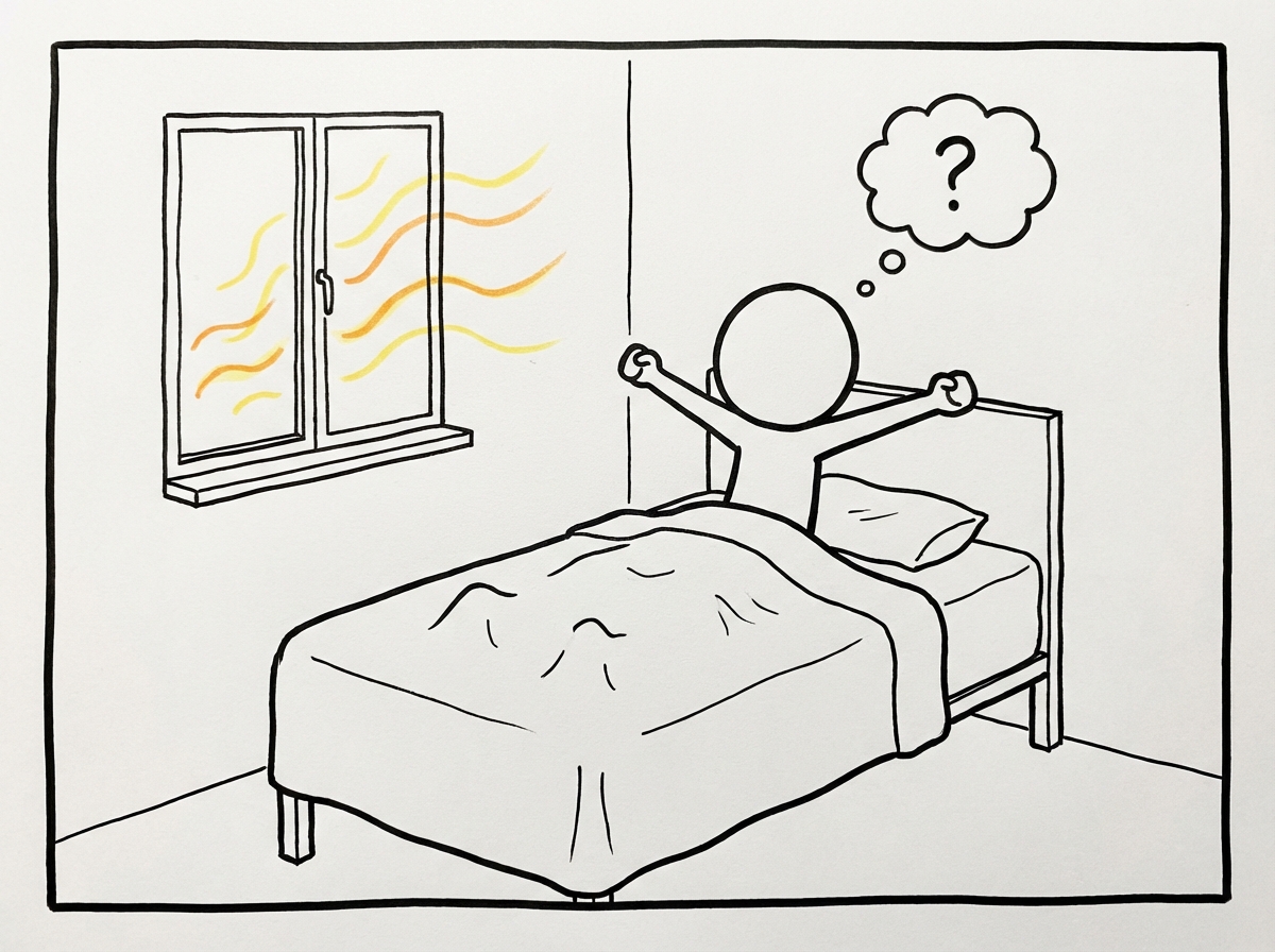 A stick figure waking up and stretching with a window showing morning light, no phone in sight, a thought bubble with a question mark as they think their own thoughts