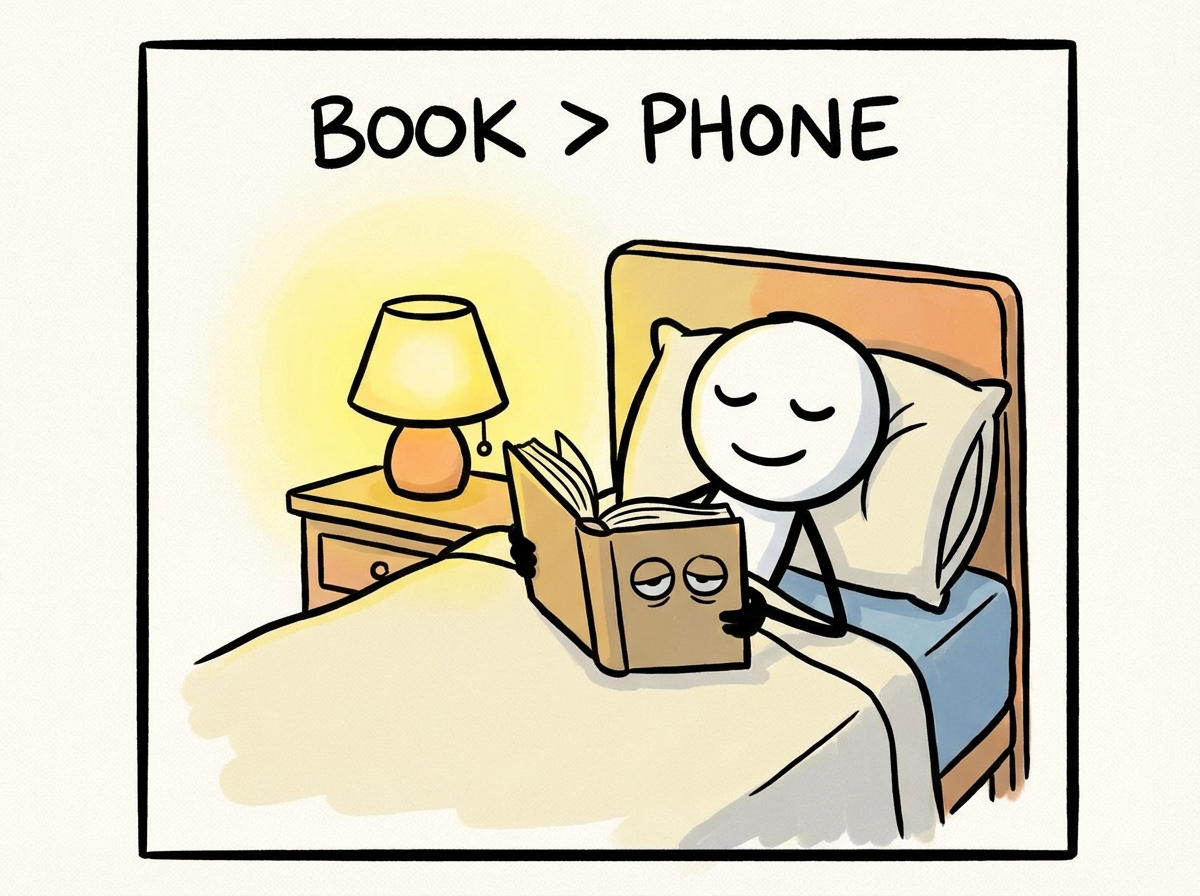A stick figure in bed with a book instead of a phone, a soft lamp on, looking relaxed and sleepy
