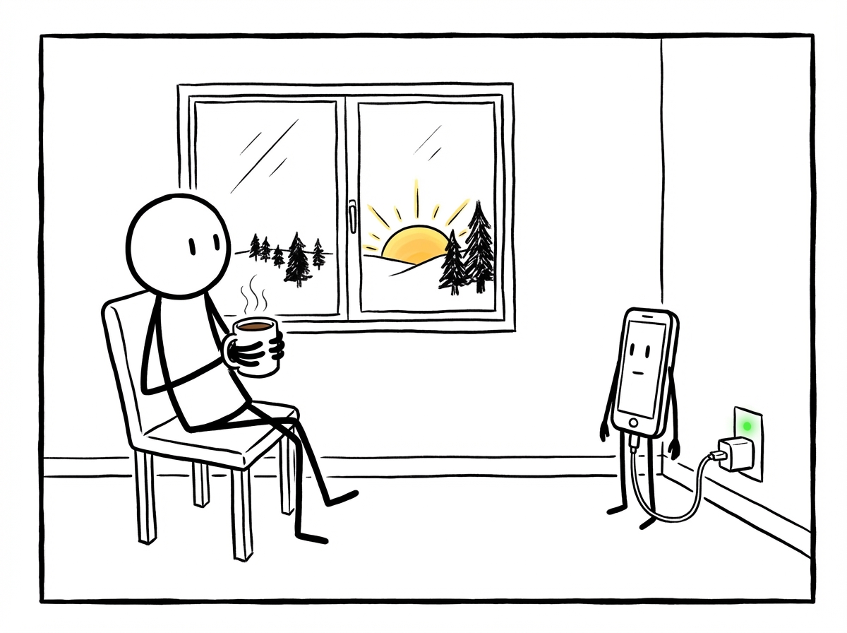 A stick figure sitting quietly with coffee in the morning, looking out a window, phone still on the charger across the room