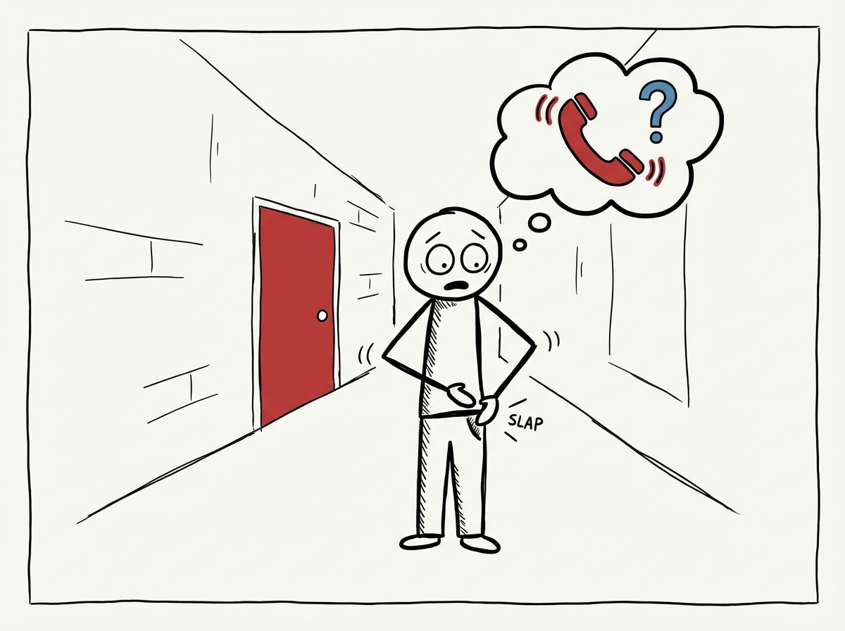 A stick figure standing in a hallway, hand slapping their pocket, eyes wide with a thought bubble showing a vibrating phone icon with a question mark