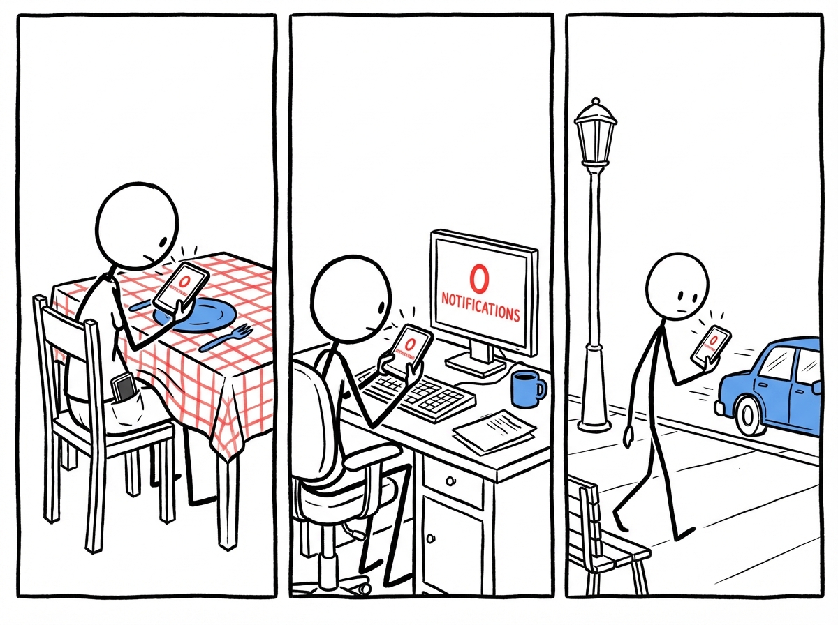 Three scenes: the stick figure at a dinner table checking their pocket, at a work desk checking their pocket, and walking down a sidewalk checking their pocket -- each time the phone screen shows zero notifications
