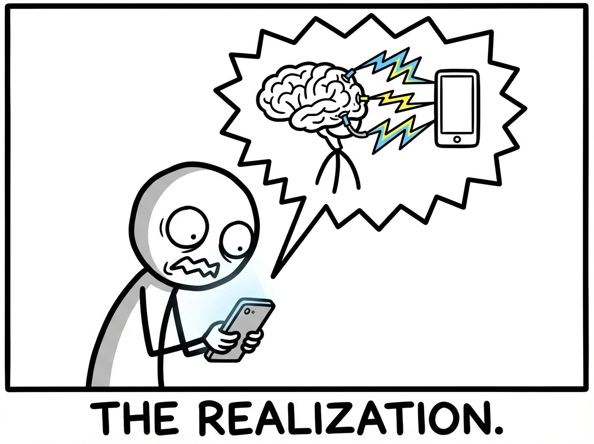 The stick figure staring at their phone in horror with a thought bubble showing their brain wired directly to the phone with electric bolts, realizing the connection