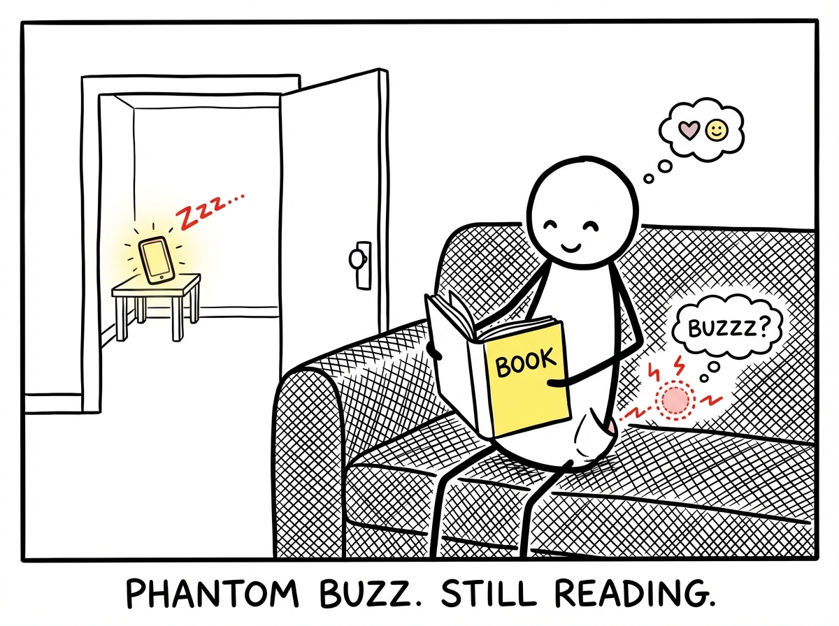 The stick figure sitting on a couch reading a book, phone left in another room visible through a doorway, feeling a phantom buzz in their pocket but smiling and staying put