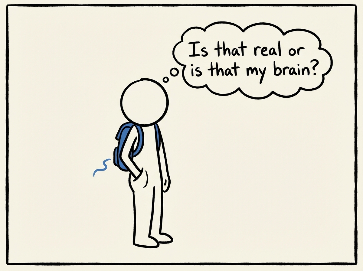 A stick figure feeling a buzz in their pocket and pausing with a thought bubble that says 'Is that real or is that my brain?'