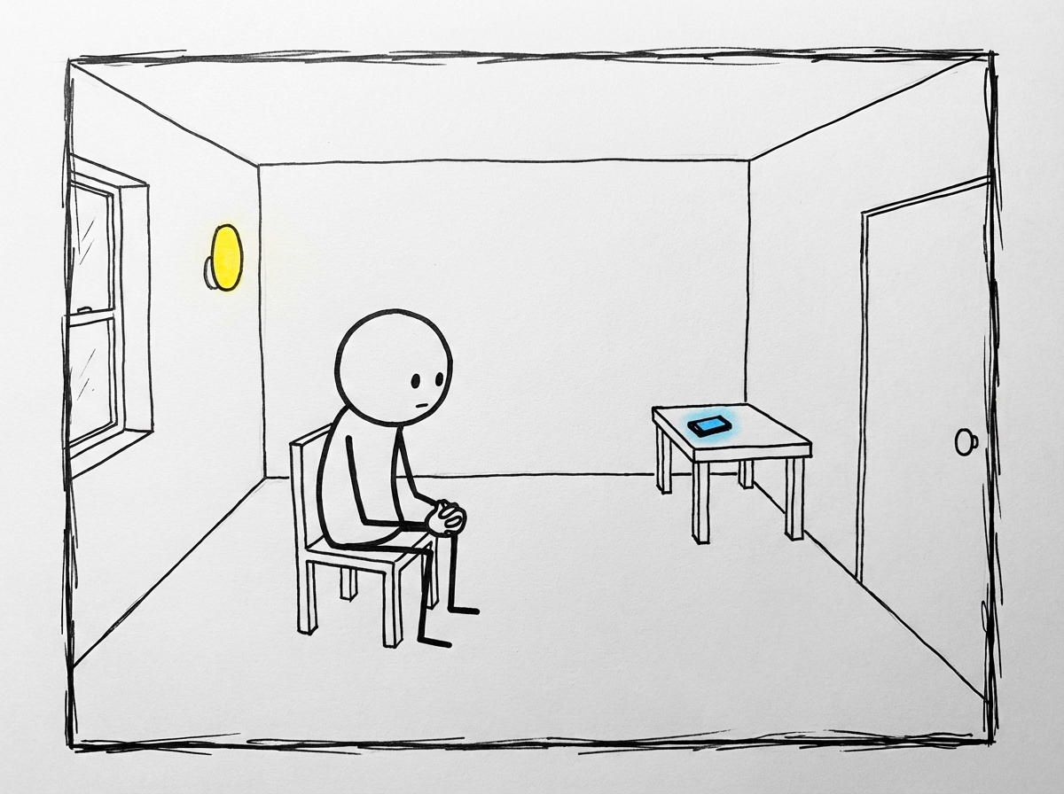 A stick figure sitting with their phone placed on a table across the room, hands relaxed in their lap