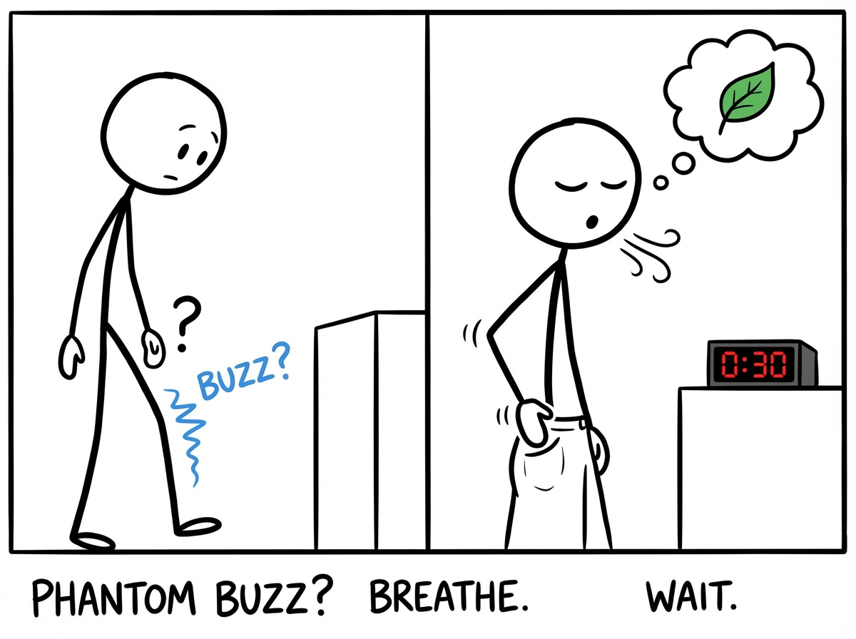 A stick figure feeling a phantom buzz and breathing calmly instead of reaching for their pocket, with a small timer showing 30 seconds