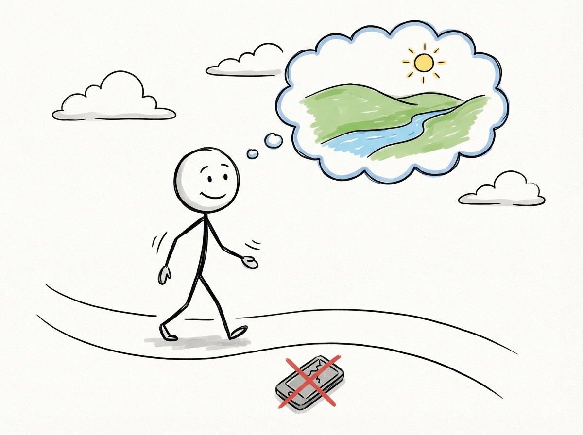 A stick figure walking outside without a phone, looking relaxed, with a thought bubble showing a peaceful landscape instead of a notification