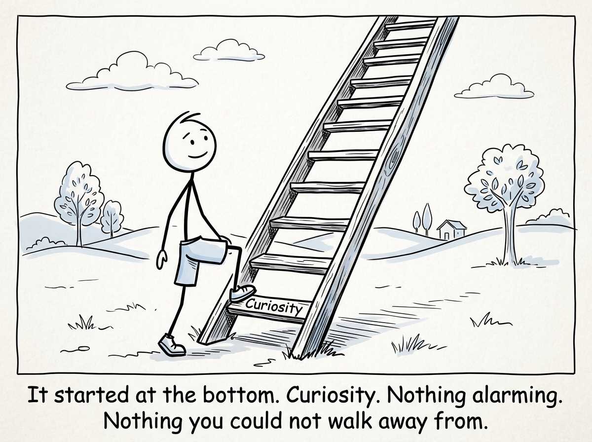 A stick figure at the bottom of a ladder, stepping onto the first rung labeled 'Curiosity,' with a casual, relaxed expression and a normal-looking landscape around them