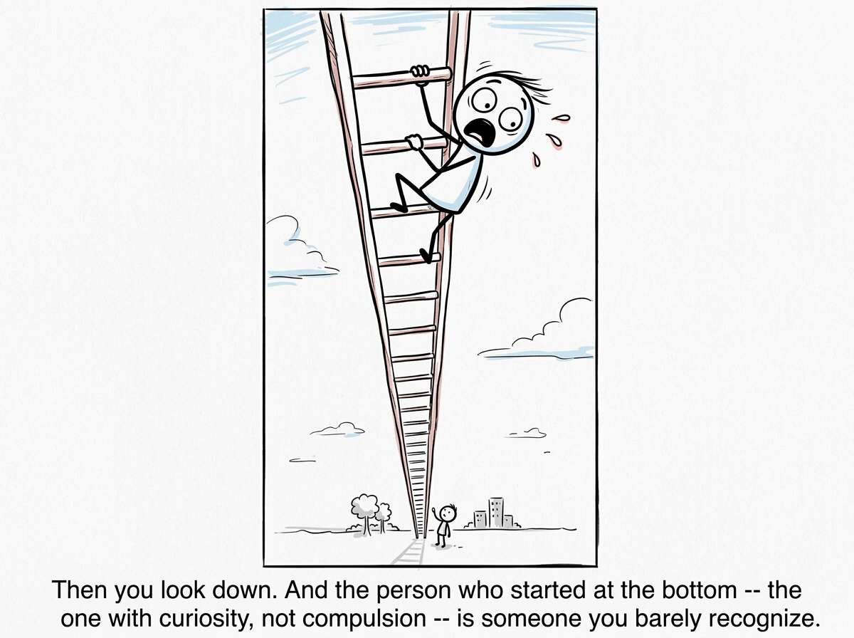 The stick figure near the top of a very tall ladder, looking down at the distant ground with a shocked expression, the bottom rungs barely visible, realizing how far they have climbed from where they started