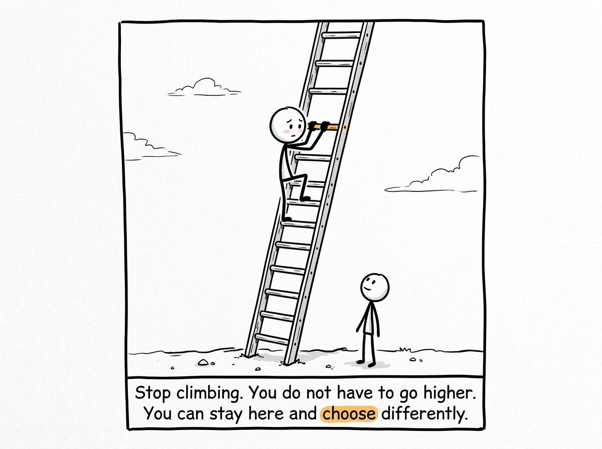 A stick figure high on the ladder, gripping a rung, looking down with honest recognition and choosing to stop climbing instead of reaching for the next one