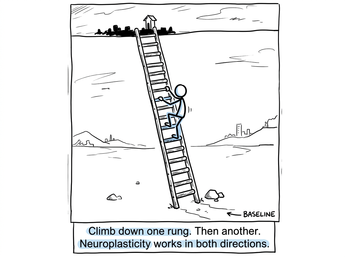 The stick figure beginning to climb down one rung at a time, the descent slow and unglamorous, but each step returning them closer to their baseline