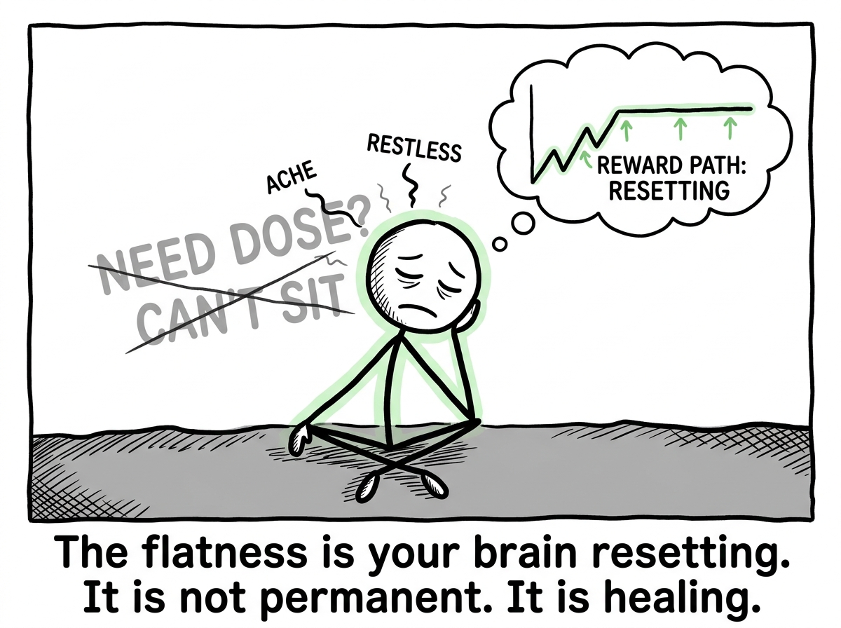 The stick figure on solid ground, feeling bored and flat, sitting with the discomfort of a recalibrating reward system instead of seeking a hit