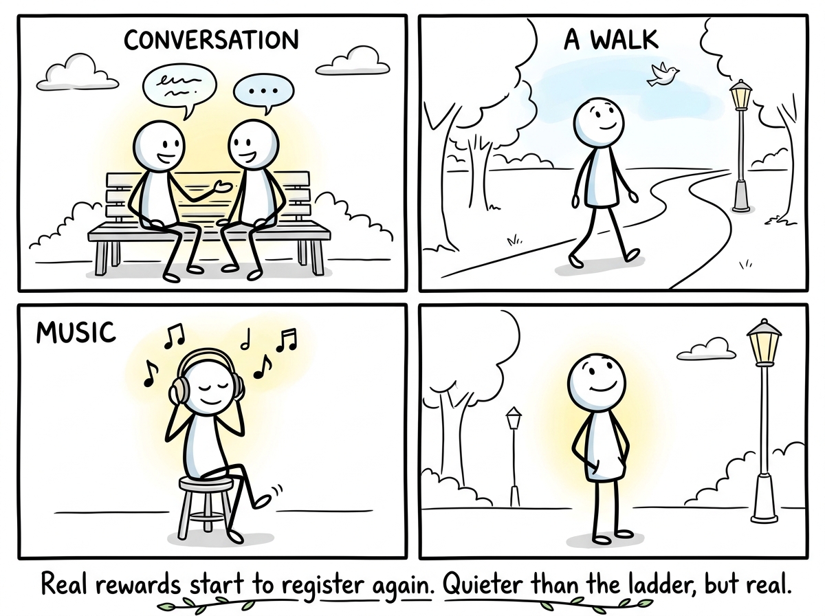 The stick figure reconnecting with real-world pleasures -- a conversation, a walk, music -- each one registering again as the baseline returns to normal