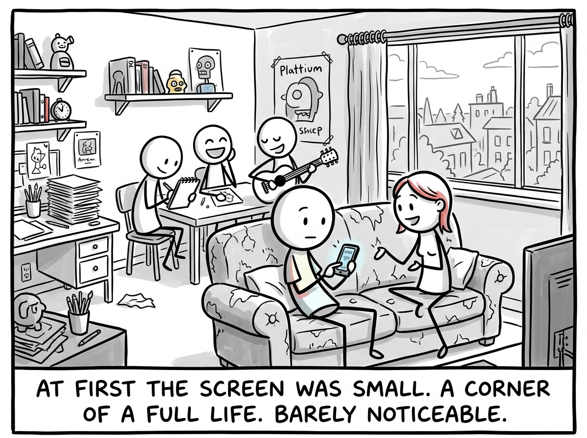 A stick figure in a full, colorful room with a partner, friends, hobbies, and a window showing the outside world, casually holding a small phone screen showing content