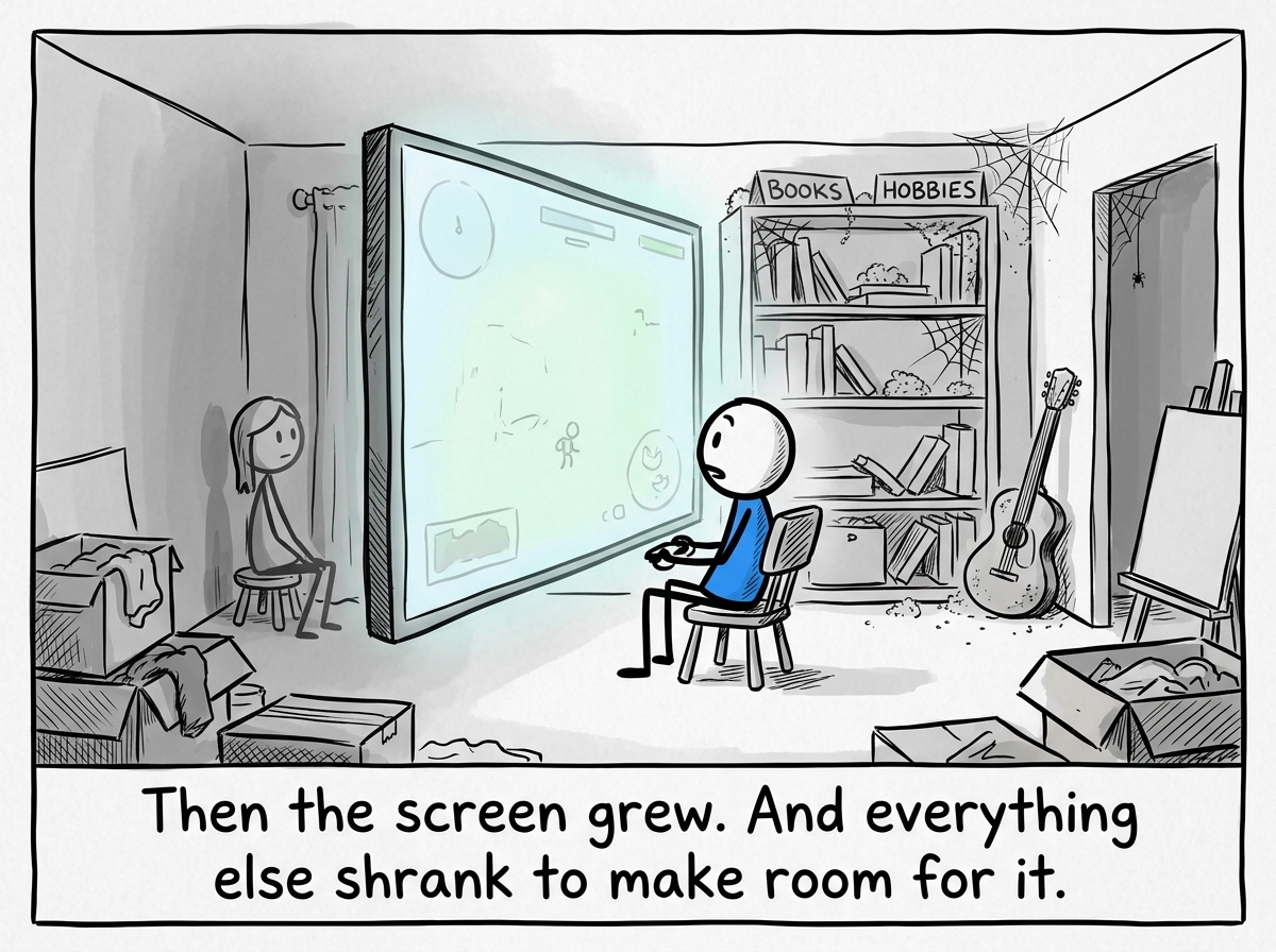 The screen has grown larger while the room has shrunk, the colors around the figure fading to gray, the partner sitting further away, the hobbies gathering dust