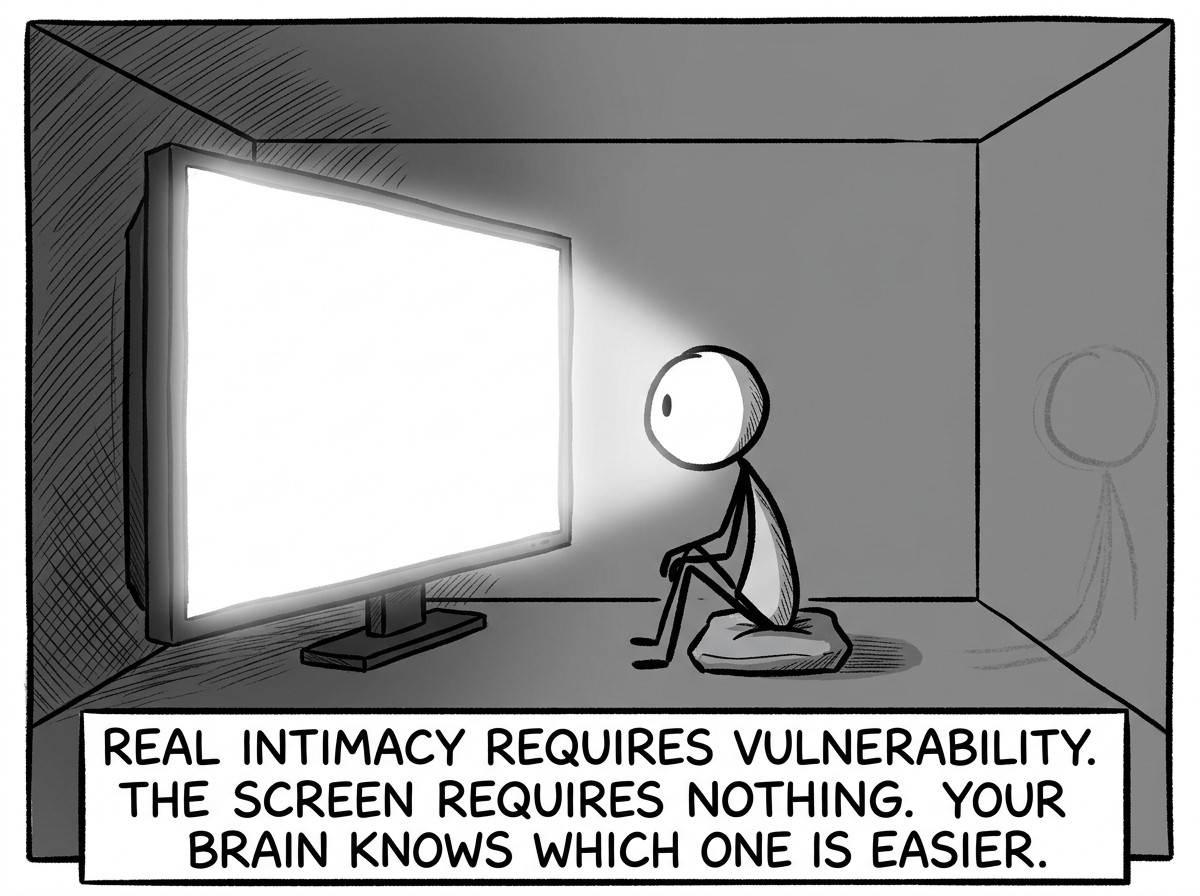 The screen now fills most of the frame, glowing intensely, while the stick figure sits inches away from it in a tiny gray room, the partner barely visible as a faded outline at the edge