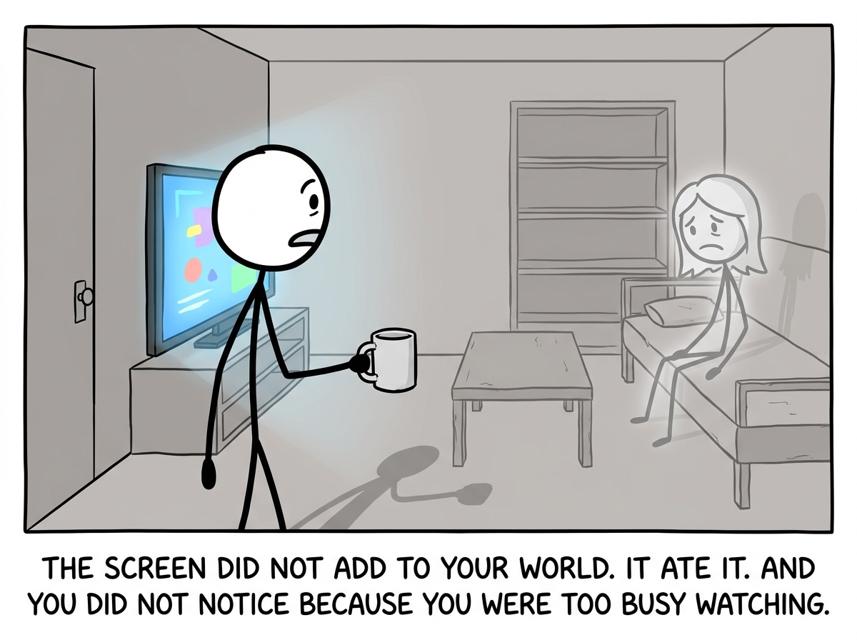 The stick figure turning away from the screen for the first time, seeing the shrunken gray room, the faded partner, the colorless world -- realizing what the screen actually cost them