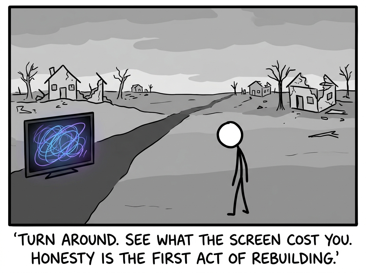A stick figure turning away from the screen and looking at their shrunken gray world, choosing to see the damage honestly instead of looking away