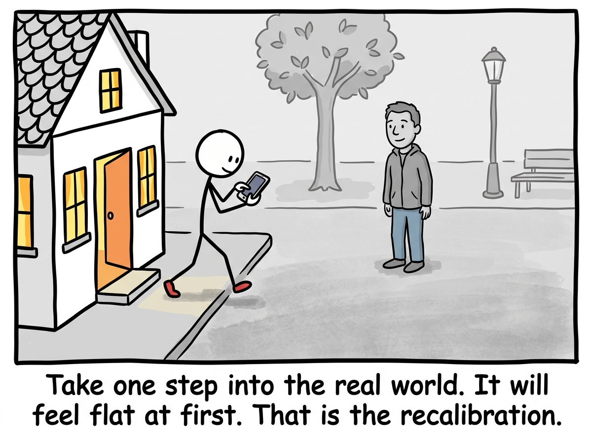 The stick figure taking one small step into the gray world -- texting someone back, leaving the house, making eye contact with a real person