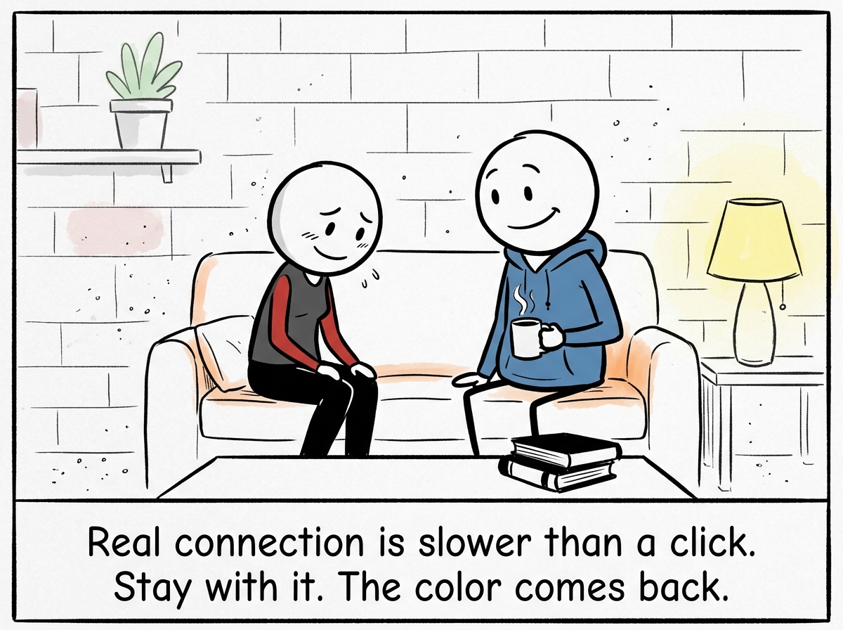 The stick figure in an awkward but genuine moment with another person, the room around them slowly gaining a hint of color